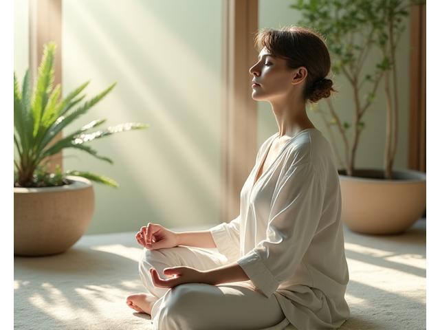 Marija, žena u kasnim tridesetim, mirna i opuštena, meditira u zen bašti